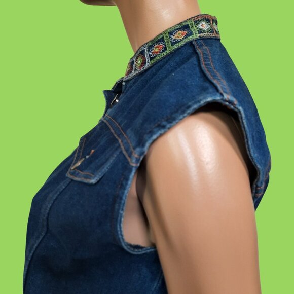 Vintage 90 Denim Jean Vest Oversized Embroidered Fringe Size S Dark Wash - Picture 6 of 10